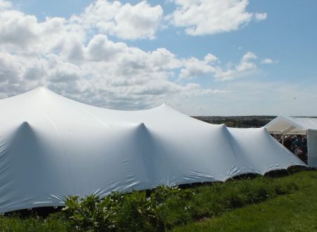 White 10 x 15m stretch tent at Newquay Orchard, Cornwall